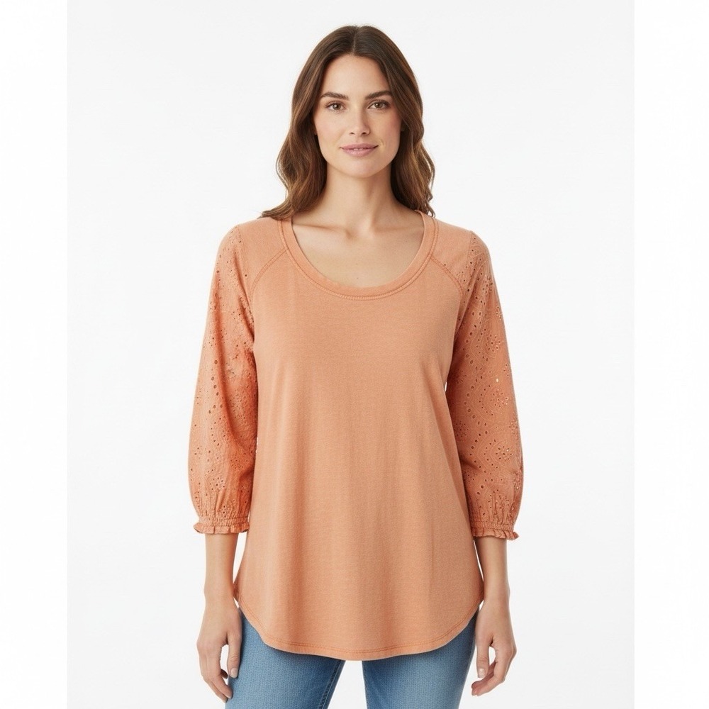 Soft Surroundings Women Plus 1X 3/4 Eyelet Sleeve Tunic Tee Acid Wash Peach NEW
